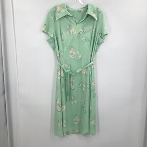 Vintage Green Floral Print Cap Sleeve Shift Dress Collared Neck Belted Waist